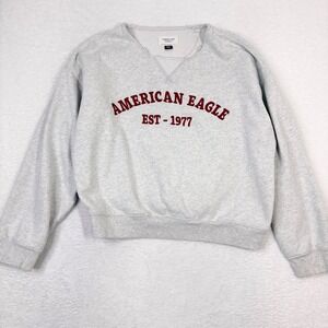 American Eagle Outfitters Gray Sweatshirt Raw Edge Logo Pullover Top Medium Crop